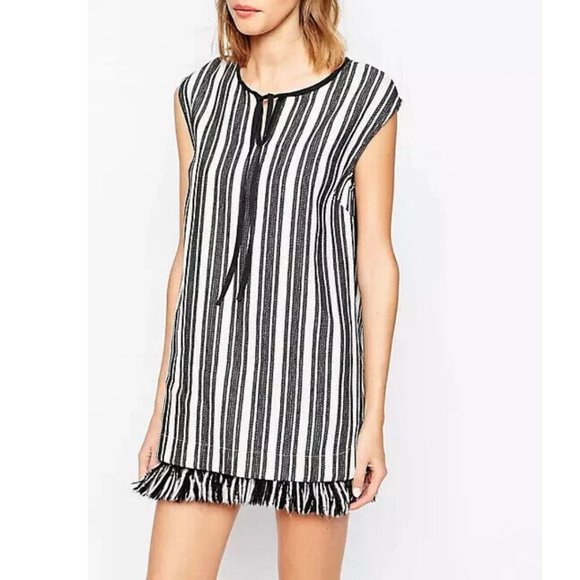 Baum Und Pfergarten Aralda Dress Stripe Fringe Hem Ecru Black Size 40/ L - Picture 2 of 10